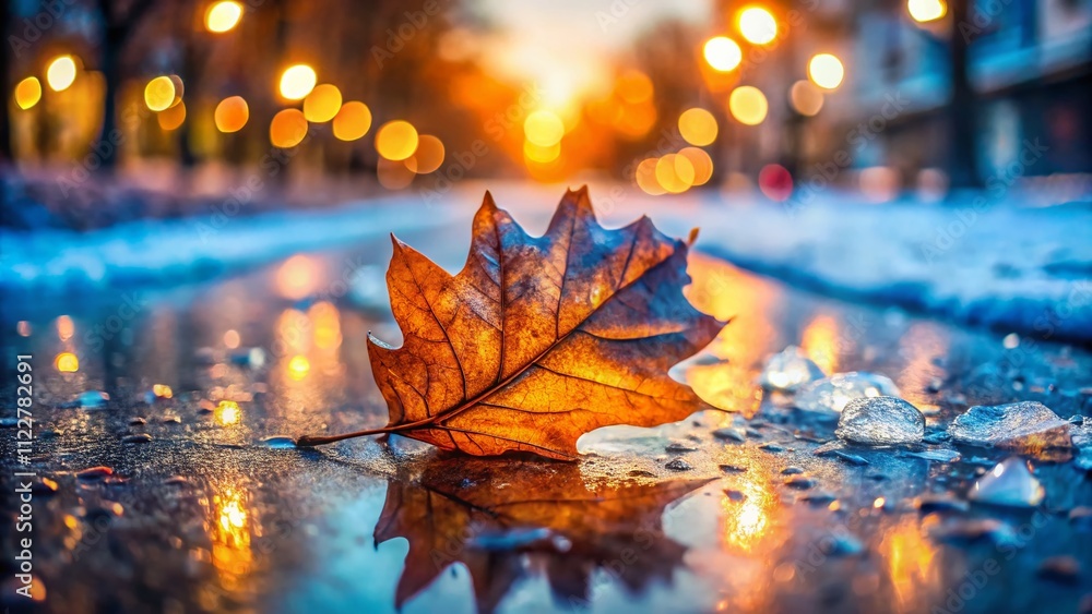 Poster captivating bokeh effect of a decomposing leaf embedded in ice on a weathered pavement surface, high