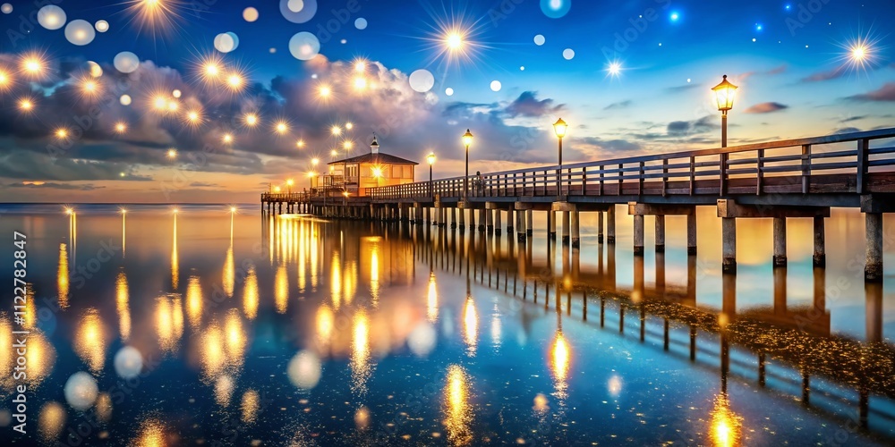 Poster captivating bokeh effect of sparkling pier lights reflecting on water at night, creating a dreamy an