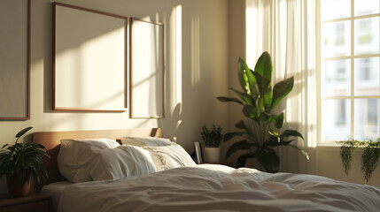 Fototapeta premium Sunlit Bedroom with White Bedding Plants and Mockup Frames