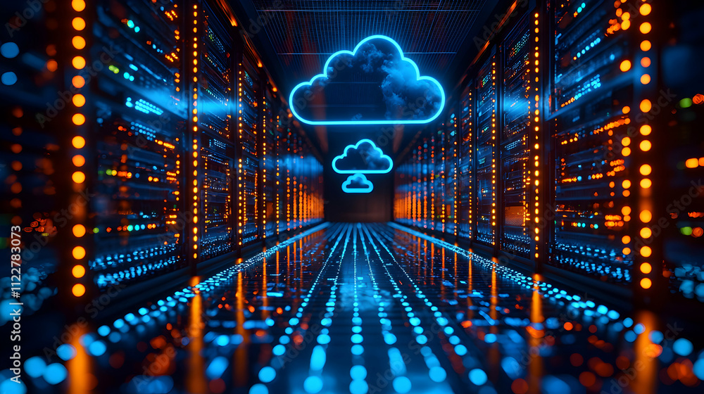 Poster illuminated server room displays cloud computing symbol