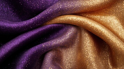 A close-up of shimmering purple and gold fabric, showcasing a textured, sparkling surface.