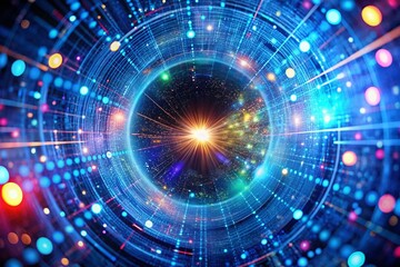 Fototapeta premium Captivating Bokeh Effect with a Glowing Blue Binary Data Wormhole and Neon Code Tunnel in a Futuristic Digital Landscape