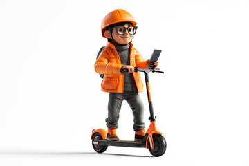A cartoon character riding an orange scooter while using a smartphone.