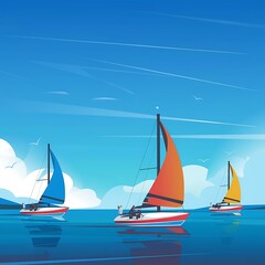 Fototapeta premium Sailboats Glide Across Calm Ocean Waters Under Blue Skies