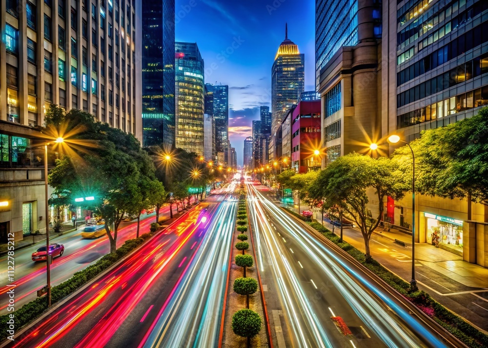 Poster captivating city nightscape with light trails and abstract motion blur creating a dynamic urban atmo