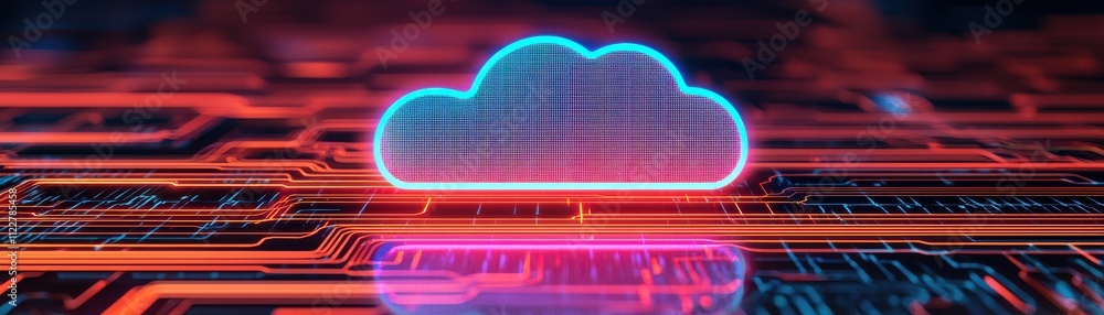 Poster a digital cloud icon glowing on a circuit board background, representing cloud computing and technol