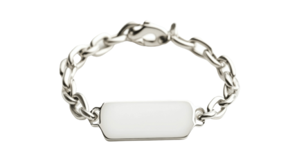 Medical ID bracelet with blank white tag, centered, isolated on white background