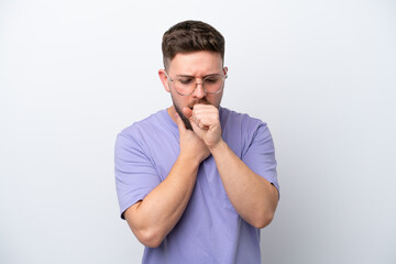Young caucasian man isolated on white background coughing a lot