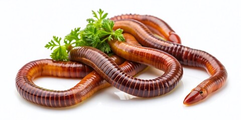 Obraz premium Captivating Close-Up of Three Earthworms Isolated on a White Background, Showcasing Their Unique Textures and Forms in a Natural Setting for Educational and Creative Uses