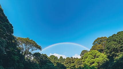 Rainbow over lush green forest.