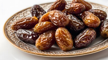 Obraz premium Plate with dried dates for Ramadan on white background