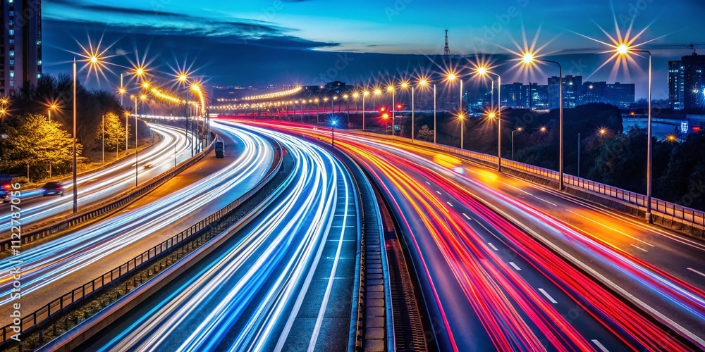 Poster captivating conceptual photography of nighttime motorway with dynamic light trails creating a mesmer