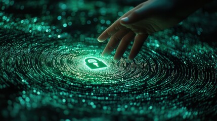 A bird's eye view medium shot of a hand reaching toward a glowing digital padlock icon on a swirling matrix of binary code, creating a sense of technological mystery, lit by cool green and subtle blue