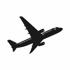A clean, bold silhouette of a commercial jet in flight against a plain white background.