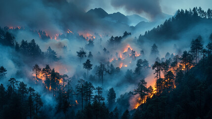 forest fire rages through the mountains, smoke rising high as flames engulf the trees, showcasing the destructive power of nature and the fragility of the environment