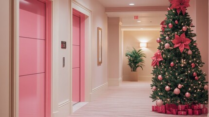 Fototapeta premium Modern Elevator doors of office or hotel hallway,holiday season decor with christmas tree,Lobby interior, corridor in house with lift,Black elegant lift for passenger or cargo elevators,copy space.