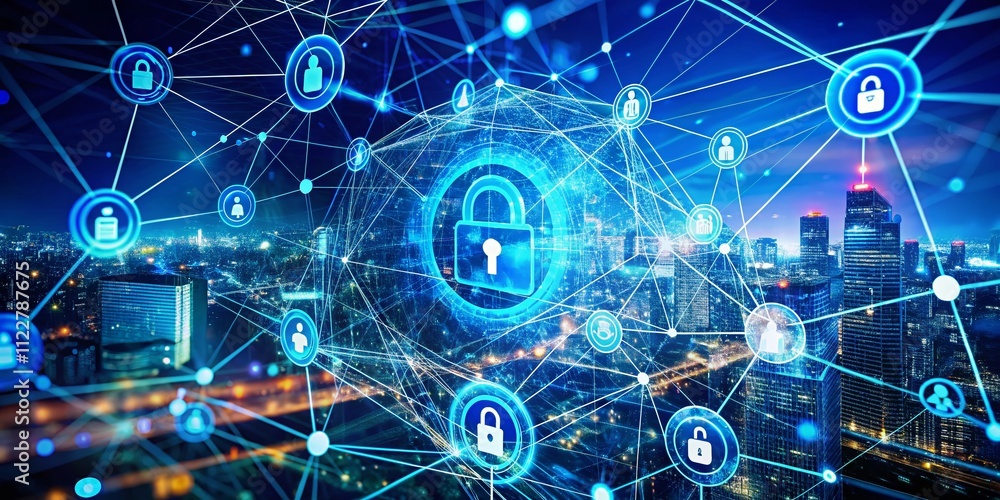 Poster captivating digital security web with radiant blue encryption patterns showcasing intricate network 