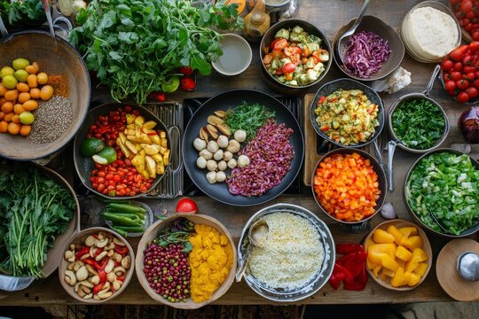 Vibrant assortment of fresh ingredients laid out on rustic wooden table ready for home cooking - Powered by Adobe