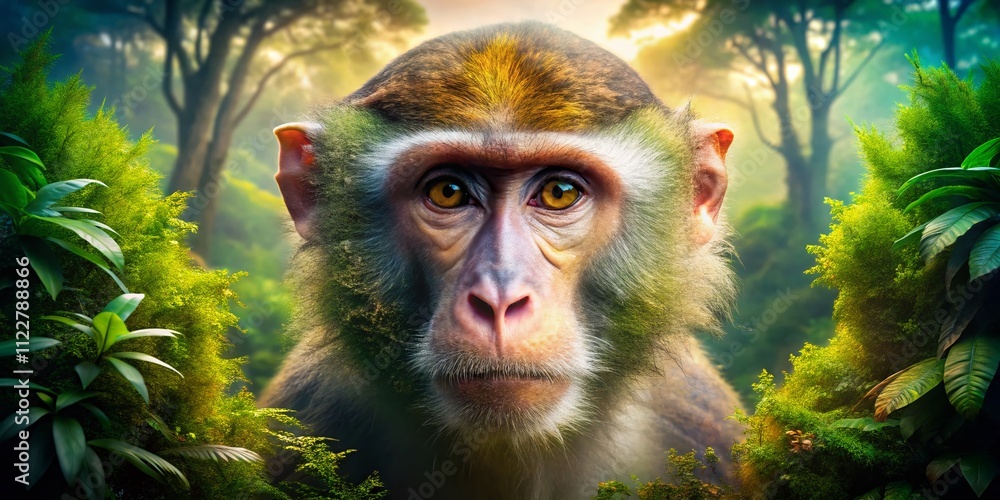 Poster captivating double exposure of a bald-headed monkey merging with lush rainforest elements for a stun