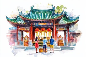 Fototapeta premium Watercolor Painting Of People Praying At A Temple