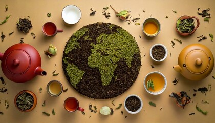 generative AI. Tea utensils such as teapots, cups and tea leaves surround the dry tea world with clipping path. world tea day
