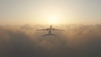 Naklejka premium Airplane flying above clouds at sunset. (5)