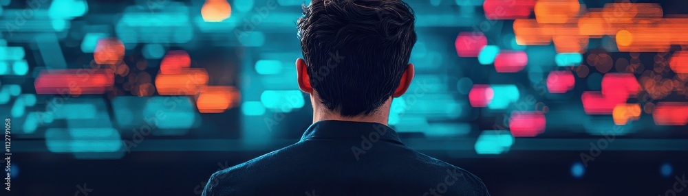 Aufkleber a person stands in front of a colorful digital display, engaged in analysis or observation of data, 