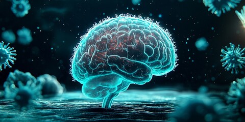 Fototapeta premium Brain rot concept. Glowing brain surrounded by floating virus-like particles.