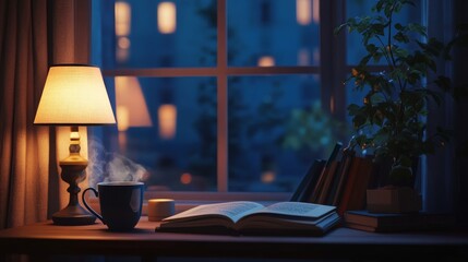 Time-Lapse 4K Animation: Book and Coffee on Table with Evening Window View