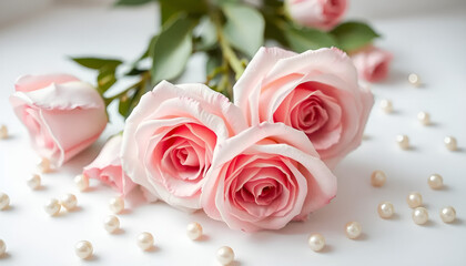 Romantic pink roses paired with pearls, creating a delightful arrangement for Valentine's Day
