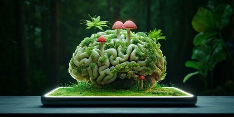 Brain rot concept. A brain-shaped garden with mushrooms and lush greenery.