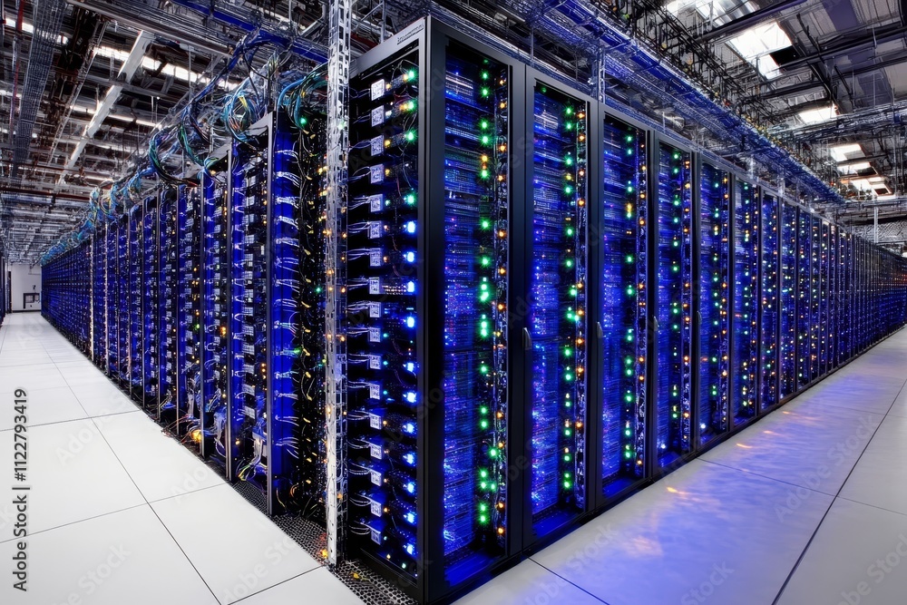 Poster a high-tech server room featuring rows of data servers with multicolored led lights and modern infra