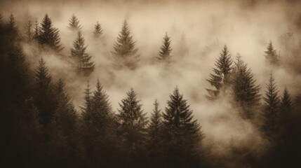Obraz premium Misty forest scene with evergreen trees shrouded in fog, sepia toned.