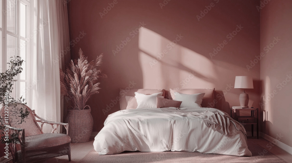 Poster Elegant mocha tones create a serene bedroom environment with soft textures and natural decor elements, inviting relaxation and comfort