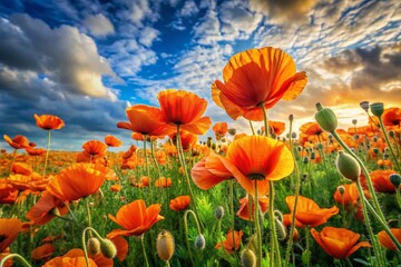 Fototapeta premium Captivating Field of Blooming Orange Poppies in a Classic Painting Style for Elegant Wall Art and Home Decoration, Perfect for Creating Vibrant Wallpaper Designs