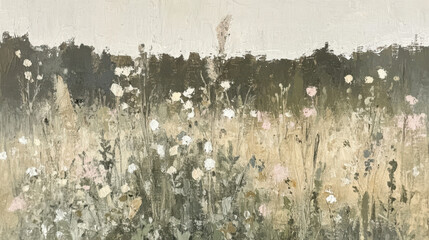 serene landscape painting featuring field of wildflowers in soft colors, evoking sense of calm and tranquility. gentle brushstrokes create dreamy atmosphere