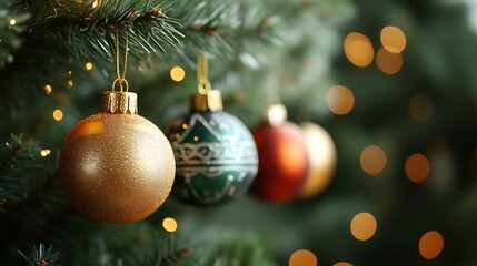 Glittering Christmas ornaments adorn a festive tree