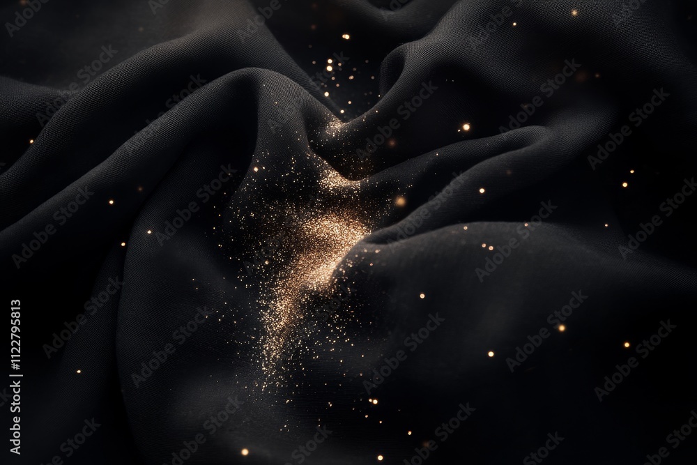 Poster abstract close-up of shimmering gold dust scattered on soft, black fabric creating an enchanting tex