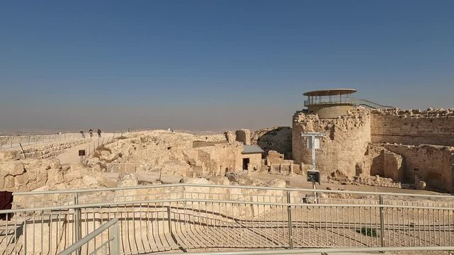 Aerial view of the Herodium in Israel on a sunny and clear day, showcasing the ancient ruins and breathtaking landscape of this UNESCO World Heritage Site. Israel