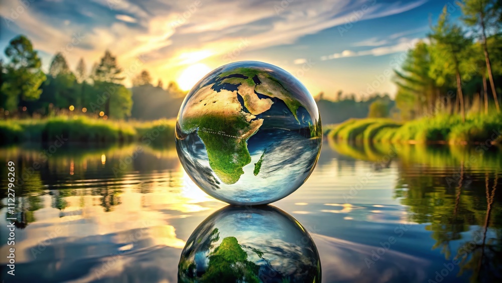 Aufkleber captivating glass sphere reflecting earth in water creating a mesmerizing depth of field effect for 
