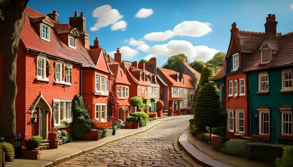 Fototapeta premium Claymation Scene of UK Street with Bending Houses in the Distance