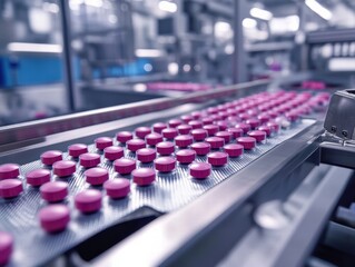 Obraz premium Pharmaceutical Production Rows of Pink Tablets Moving Along a Modern Assembly Line in a Clean, High-Tech Medicine Factory.