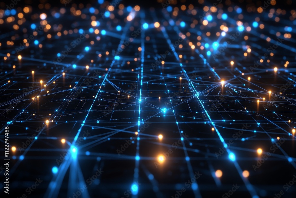Poster abstract digital network with glowing blue and orange nodes depicting data connections across a dark