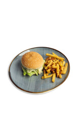 Delicious burger and crispy fries presented on a decorative plate