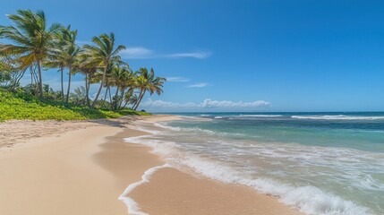 Idyllic tropical beach scene with palm trees, white sand, and turquoise ocean under a vibrant blue sky.