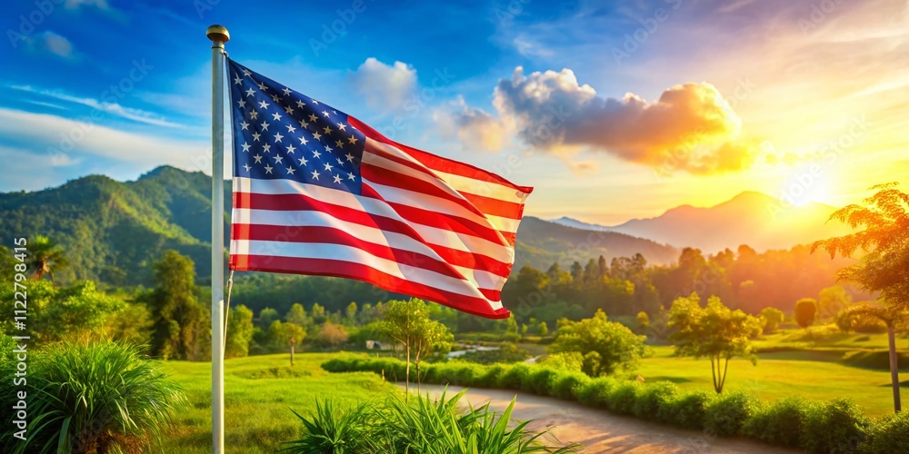 Poster captivating image of a flag in the background with a dynamic scene and clear copy space on the left 