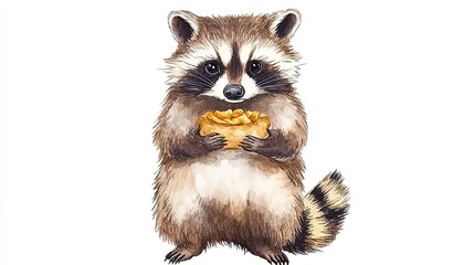 Obraz premium Adorable Raccoon Holding Bowl of Nuts Watercolor Painting