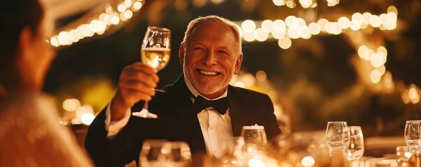 Joyful Senior Man Receiving Toast at Lavish Retirement Dinner