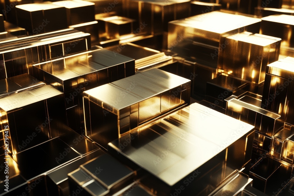 Poster abstract metallic blocks with reflective surfaces creating a futuristic and luxurious background wit