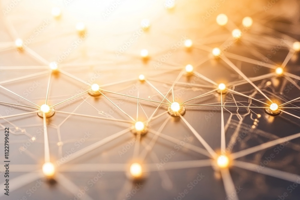 Poster abstract representation of a digital network with glowing nodes highlighting interconnected lines, s